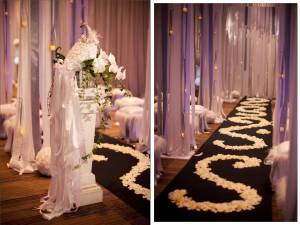 Indoor glamorous aisle style with rose petals